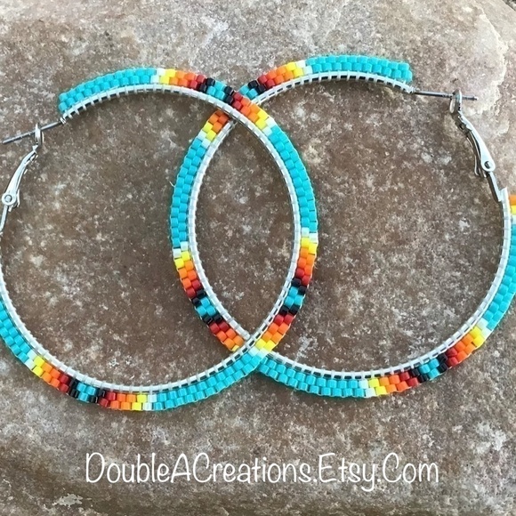 Turquoise 2” Beaded Hoops, New, Handmade by Me - Picture 6 of 7